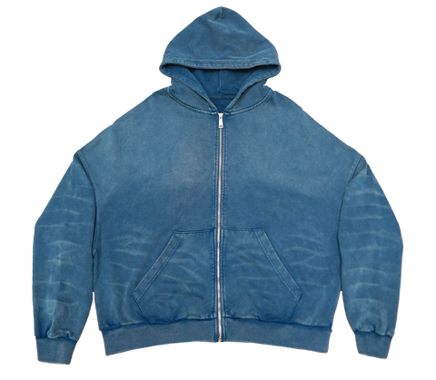 SCRATCH STONE BLUE ZIP UP BOXY FIT HOODIE PRINT