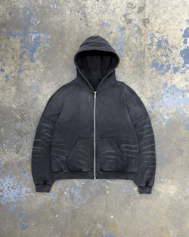 SCRATCH BLACK ZIP UP BOXY FIT HOODIE