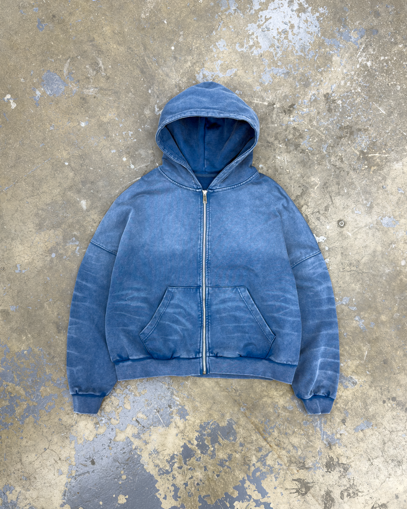 SCRATCH STONE BLUE ZIP UP BOXY FIT HOODIE